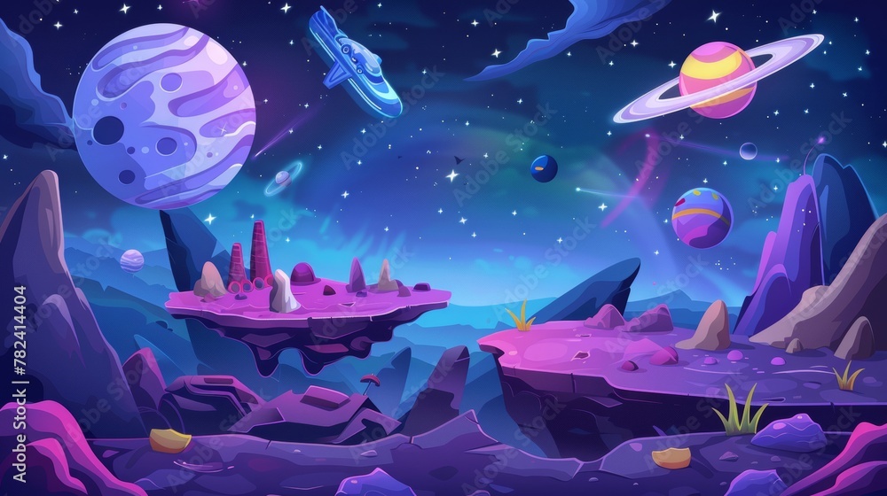 Poster the level map for a 2d space game depicts platforms, alien landscape, a flying spaceship, and planet