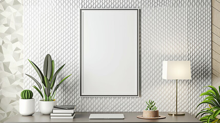 A bright, white poster mockup in a floating frame, positioned on a wall adorned with a geometric-patterned wallpaper in a financial advisor's office. 32k, full ultra hd, high resolution