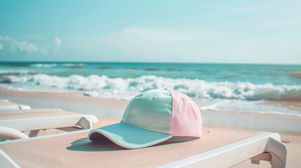 Fototapeta na wymiar A chic, pastel-colored cap mockup resting on a sandy beach chair, with the serene ocean waves and a clear blue sky in the background. 32k, full ultra hd, high resolution