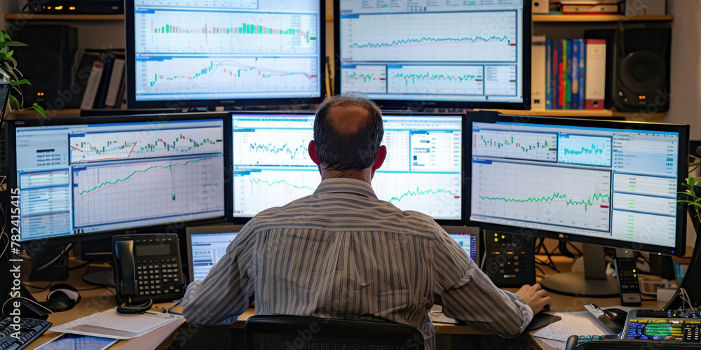 Aufkleber financial analyst monitoring stock market data on multiple computer screens at desk