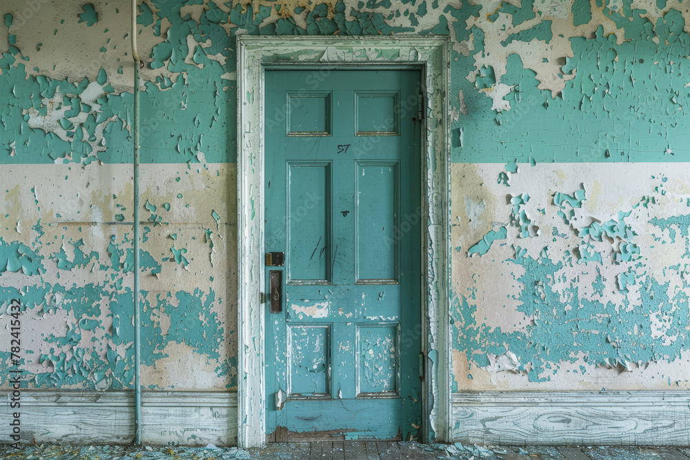 Sticker A blue door with a black handle sits in front of a wall with peeling paint