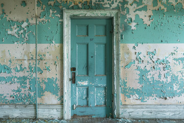 A blue door with a black handle sits in front of a wall with peeling paint