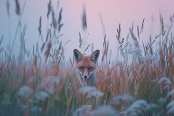 A fox is standing in tall grass, looking at the camera - Powered by Adobe