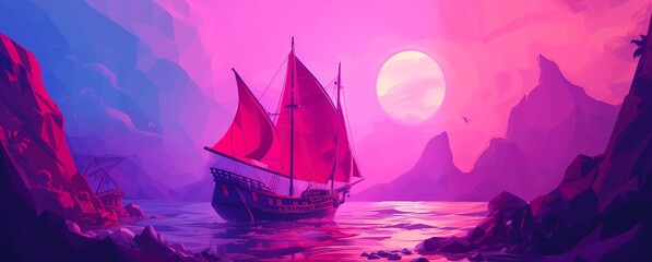 magnificent sailing ship in the bay at sunset. - obrazy, fototapety, plakaty