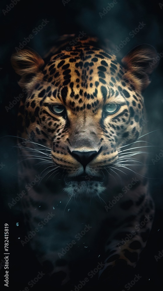 Poster realistic leopard portrait on dark background generative ai