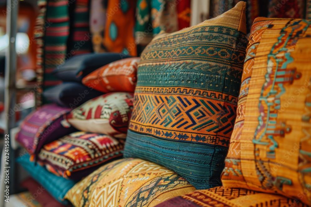 Poster a row of colorful pillows are displayed on a bench