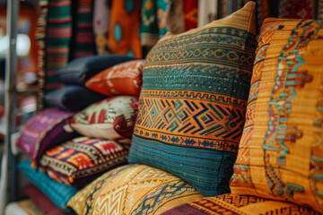 Fototapeta na wymiar A row of colorful pillows are displayed on a bench