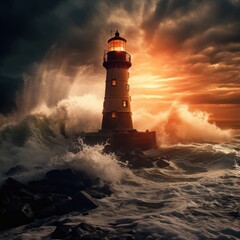 Majestic Coastal Lighthouse at Sunset Generative AI