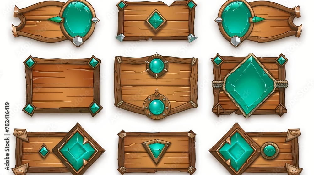 Poster the wooden boards with green buttons are used in the user interface game. modern cartoon set of brow