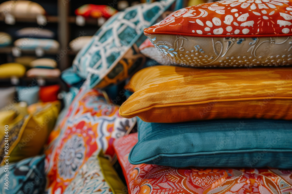 Poster a stack of pillows with different colors and patterns