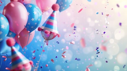 Birthday banner design with hats, balloons, confetti on defocused background. Anniversary celebration backdrop design with festive items in realistic 3D modern format. - obrazy, fototapety, plakaty