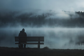 A person sits on a bench by a lake, watching the sun set