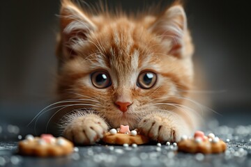 Closeup of a Domestic shorthaired cat eating cookies on a table