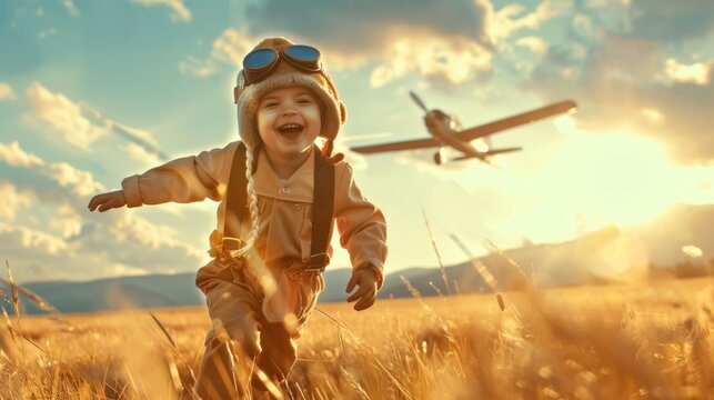 Young boy Airplane pilot energetically runs through a vast field with a vintage airplane visible in the distant background. The childs joyful expression is evident as he dashes through the open space