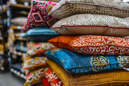 A stack of pillows with different colors and designs