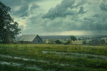 A small house is in the middle of a field with a storm in the background