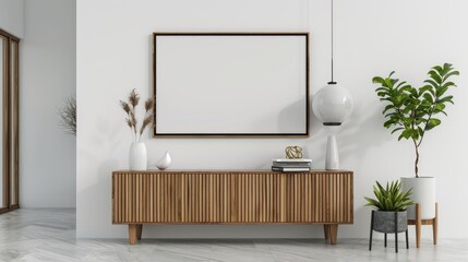 wooden photo frame mockup with beige vase with eucalyptus. rendering 3d