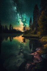 Serene Lakeside Landscape in Magical Moonlight Generative AI