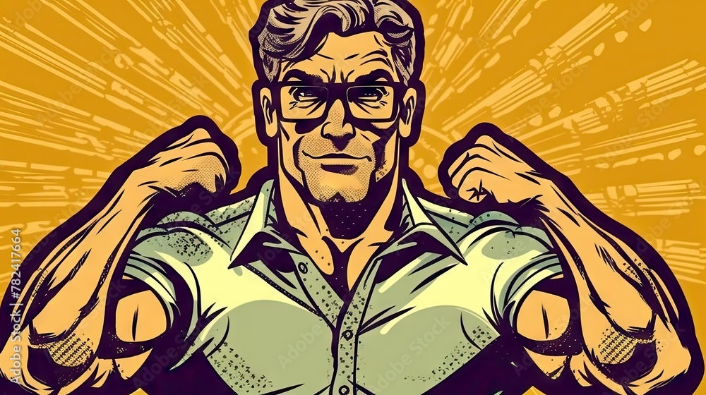 Poster muscular businessman in retro pop art style generative ai