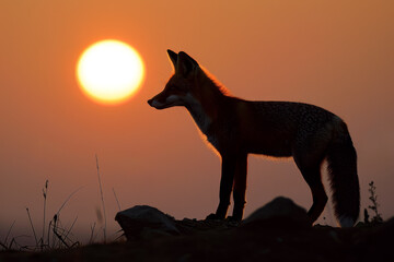 Fototapeta premium A fox is sitting on a hillside in front of a setting sun