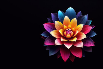 Colorful flower on black background. Space for text.