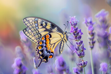 A butterfly is perched on a purple flower