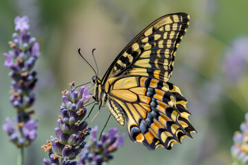 A butterfly is perched on a purple flower