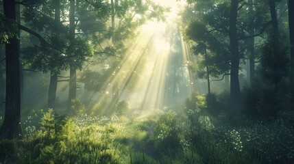 Experience the tranquility of a mist-covered forest at dawn, where sunlight filters through the trees, casting ethereal rays of light onto the forest floor.