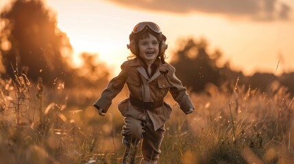 Young boy in Airplane pilot suit cloth, wearing a helmet, joyfully runs through a vast field filled with tall grass, his colorful clothing contrasting against the green vegetation. The sun shines