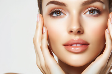 Fototapeta premium Flawless Beauty Portrait of a Young Woman with Perfect Skin and Delicate Makeup in a Serene Pose 