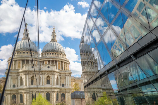 London, England; 11 April, 2024 - A view of St Paul's Cathedral in London, England reflecting in a shop window.	