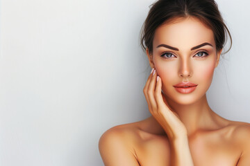 Close-up Portrait of a Beautiful Woman with Healthy Skin and Makeup on Copy Space Background
