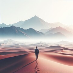A man walking through the desert towards the mountains.