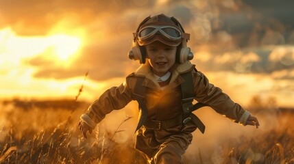 Boy Airplane pilot wearing a helmet and goggles is energetically running through a vast field filled with tall grass. The boy appears focused and determined as he races across the open space.