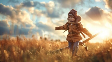 A child, dressed as an explorer, walks through a vast field of green grass under a clear blue sky.