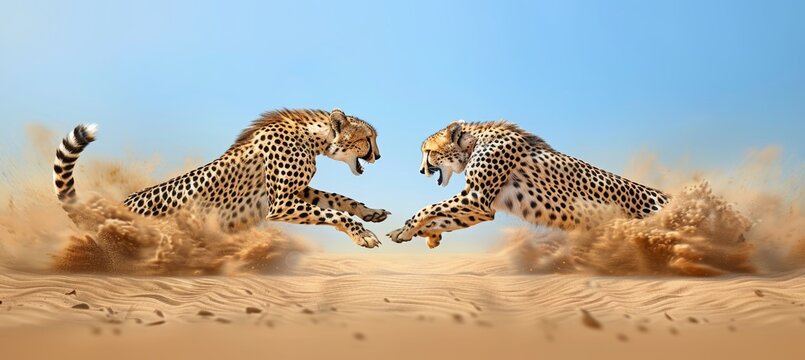 Elegant cheetahs sprinting gracefully on savannah near the lush edge of the jungle