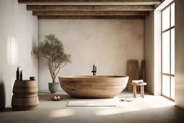 Fototapeta na wymiar Rustic Farmhouse Bathroom with Freestanding Tub and Wooden Washbasin Generative AI