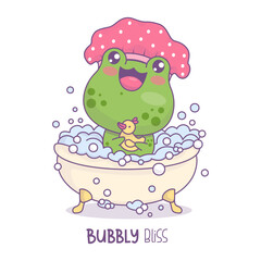 Smiling frog in shower cap bathes in bath with foam and rubber duck toy. Cute cartoon kawaii animal character. Vector illustration. Kids collection. Funny postcard water treatments in bathroom.
