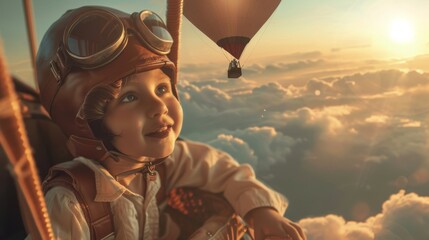 A young boy wearing a helmet and goggles is flying high in a hot air balloon, looking adventurous and full of excitement. The colorful balloon contrasts against the blue sky, creating a dynamic scene.