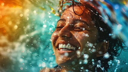 a woman is smiling while she is in the water