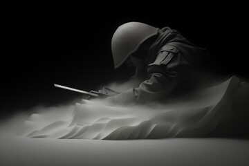 Armed Resilience: Monochromatic Artwork of a Soldier with Rifle Amidst Fluid Waves of Sand