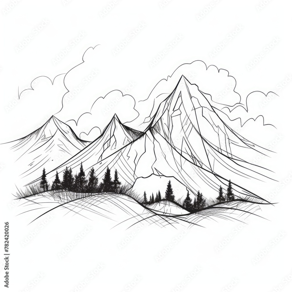 Poster minimalist mountain landscape in continuous line art generative ai