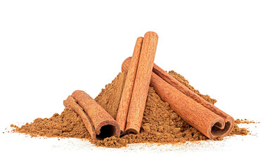 Cinnamon sticks and ground cinnamon isolated on a white background. Cinnamon spice.