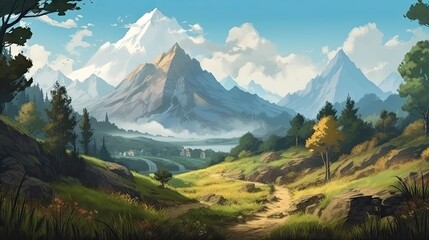 Obraz premium Fantastical Mountain Landscape in Realistic Digital Art Style Generative AI