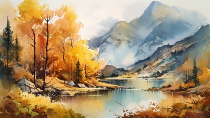 Fototapeta premium Serene Autumnal Watercolor Landscape Generative AI