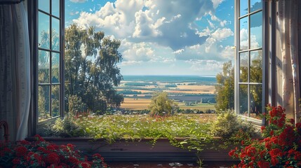 a window with a view of a field and trees outside of it