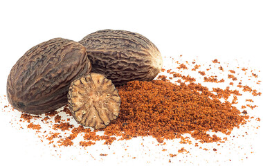 Dried seeds of fragrant nutmeg and grated nutmeg isolated on a white background