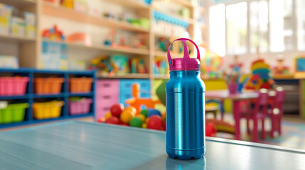 A colorful, children's water bottle mockup in a playful kindergarten classroom. 32k, full ultra hd,...