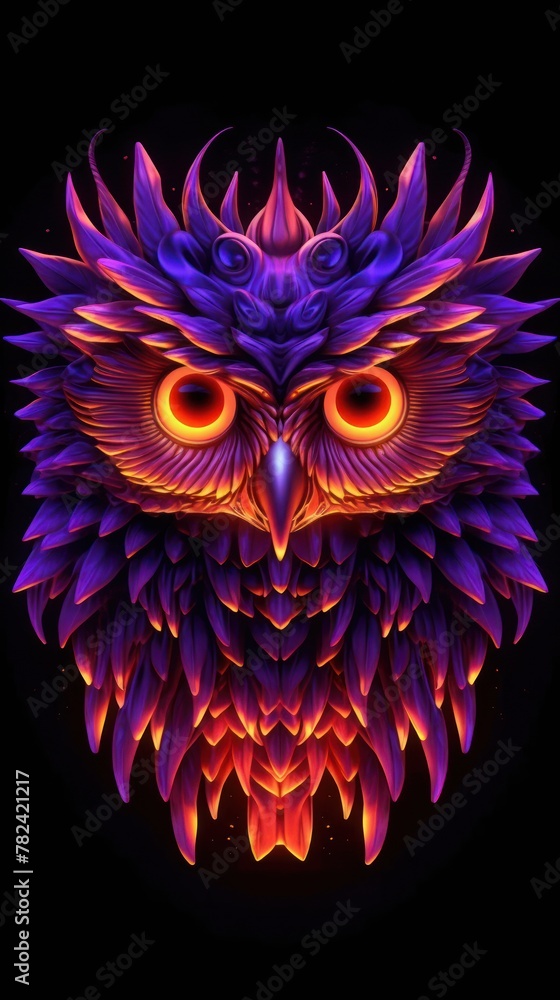 Poster mystical neon owl in dynamic composition generative ai