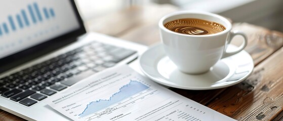 Exclusive financial newsletter on laptop screen, coffee beside, personal touch, early hours